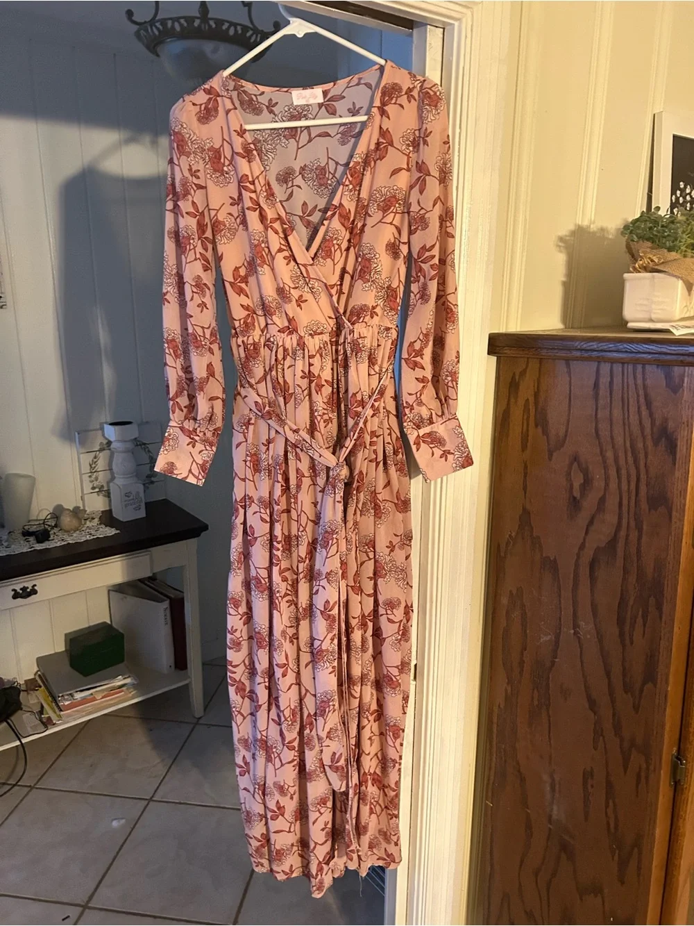 Blush Pink Floral Long-Sleeve Maxi Dress with Tie Waist